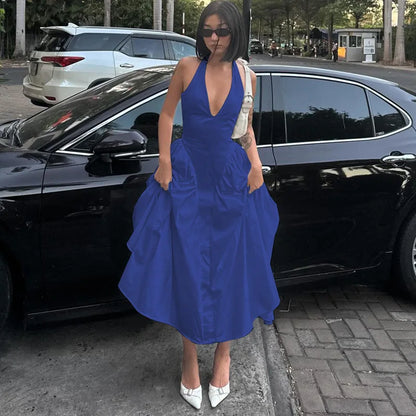 Backless Halter V-Neck Maxi Dress – Elegant Flirty Evening Party Dress for Summer