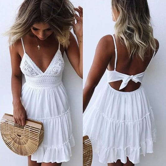 Lace Splice V-Neck Tiered Maxi Sundress – Flowy Summer Beach Dress with Adjustable Straps
