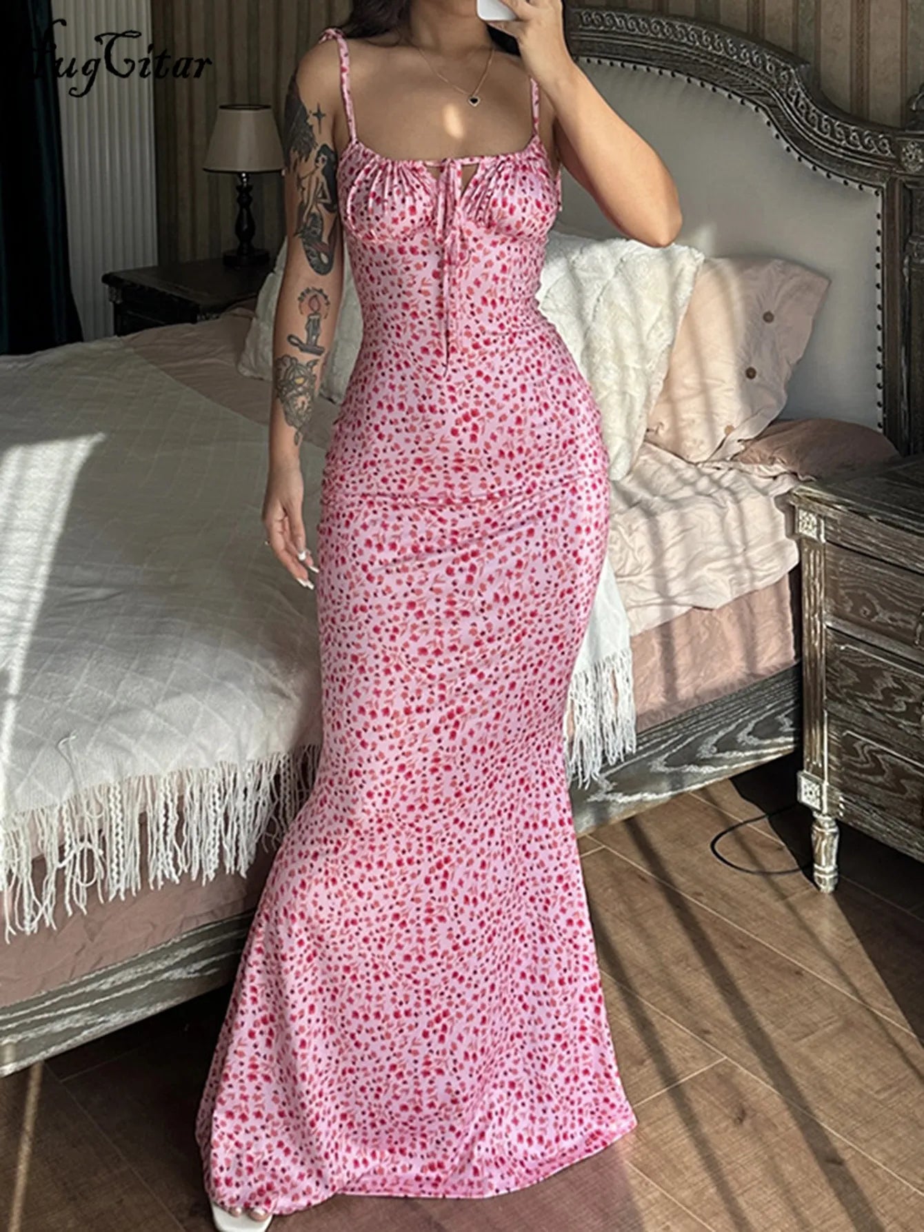 Women’s Floral Bodycon Maxi Dress – Elegant Beach Vacation Dress with Stretch Fit, Spaghetti Straps