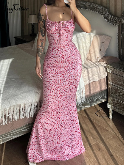 Women’s Floral Bodycon Maxi Dress – Elegant Beach Vacation Dress with Stretch Fit, Spaghetti Straps