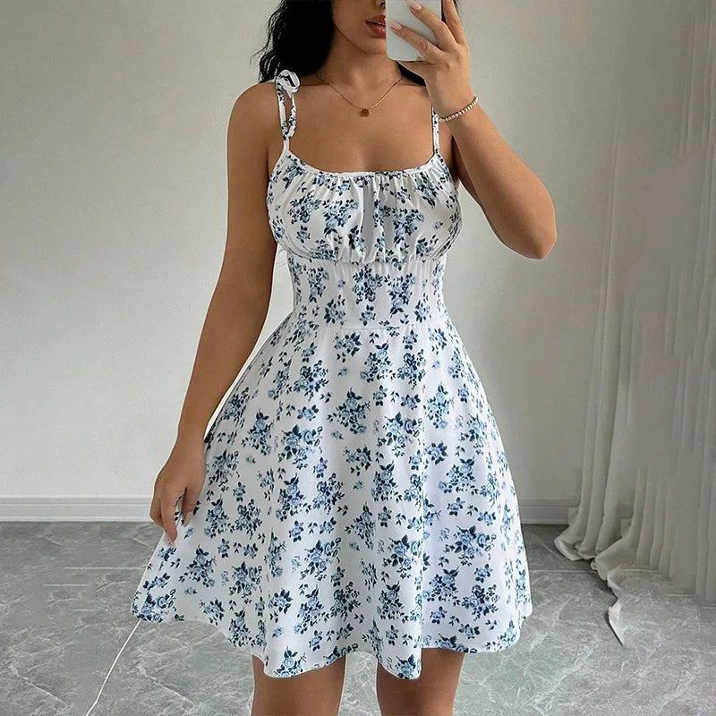 Floral Tie-Strap A-Line Mini Dress – Soft Spaghetti Strap Sundress with Fitted Bodice & Flowy Skirt