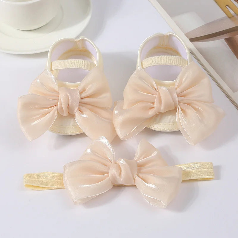 Baby Girl Baptism Mary Jane Shoes & Bow Headband Set – Soft Sole Bowknot for Newborns & Infants