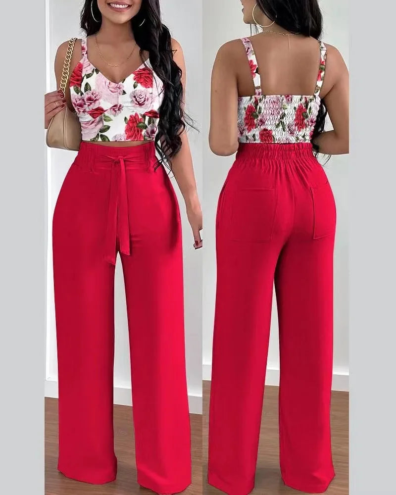 2-Piece V-Neck Crop Top & High Waist Wide-Leg Pants Set – Sexy Summer Outfit for Women