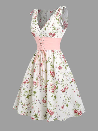 Women’s Floral V-Neck Corset Waist Dress – Sleeveless Lace-Up Cinched A-Line Midi Dress