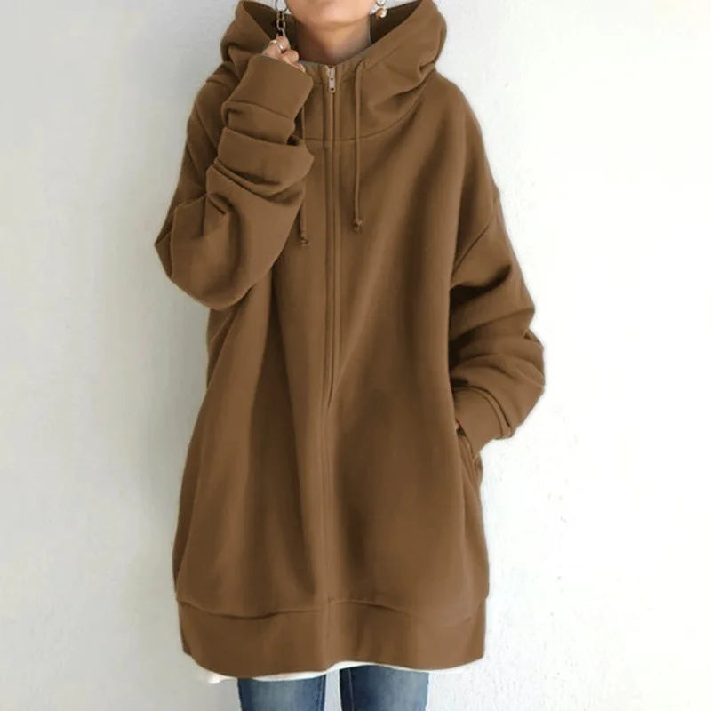 Oversized Hooded Longline Coat – Fleece-Lined Zip Up Tie-Collar Sweatshirt for Women (S–5XL)