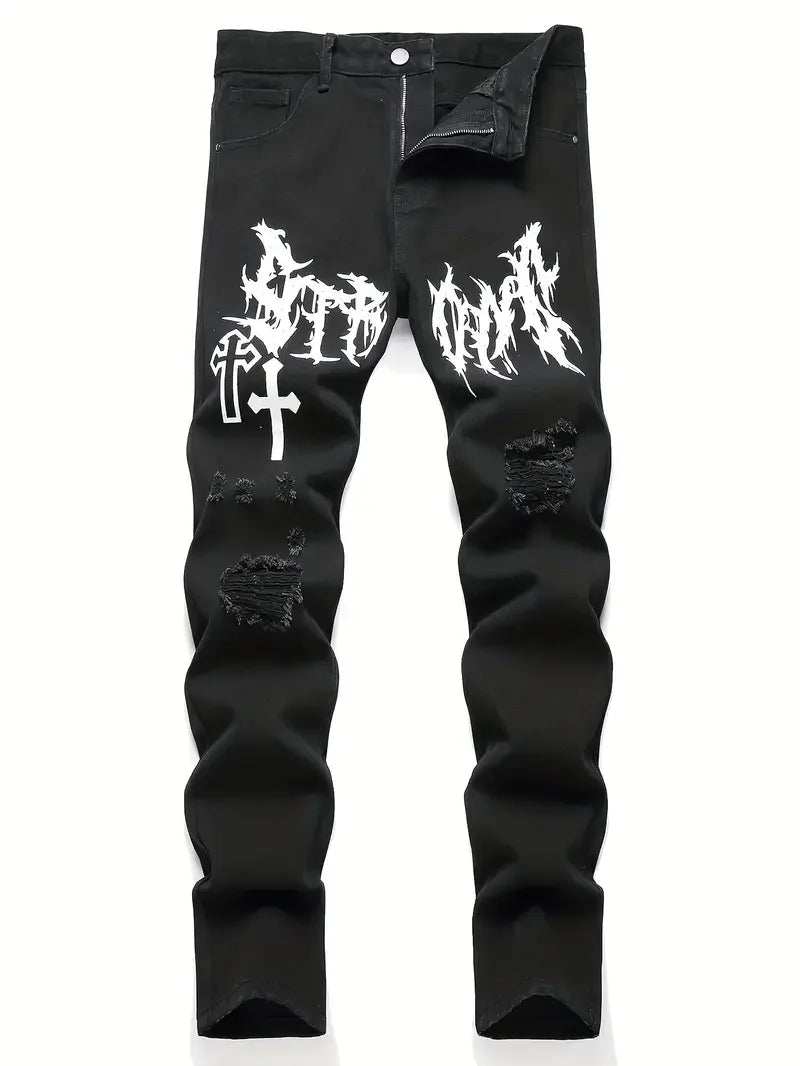 Men’s Street Paint Printed Distressed Jeans – Slim Fit Graffiti Denim Pants