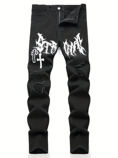 Men’s Street Paint Printed Distressed Jeans – Slim Fit Graffiti Denim Pants