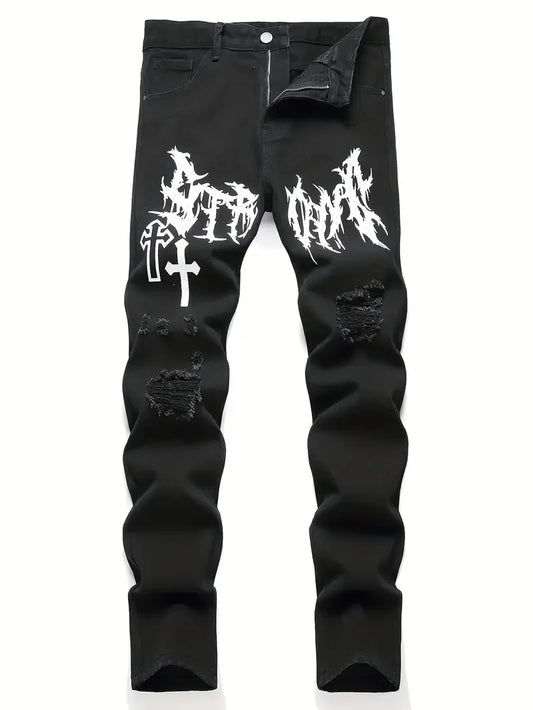 Men’s Street Paint Printed Distressed Jeans – Slim Fit Graffiti Denim Pants