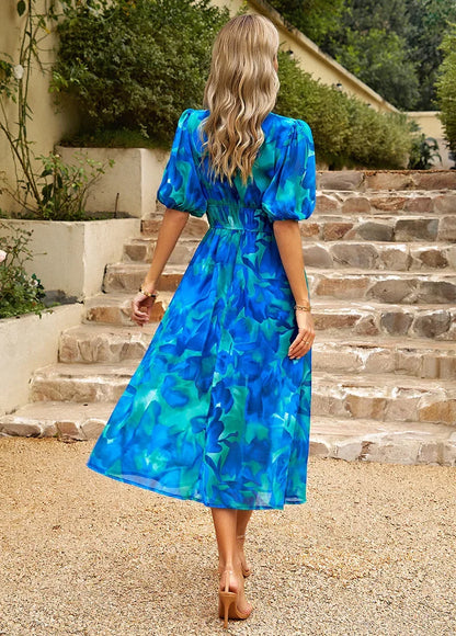 Summer V-Neck Floral Print Maxi Dress -  Lantern Sleeve