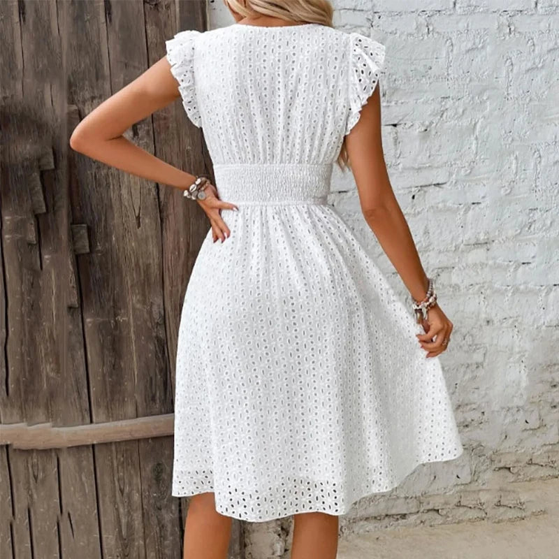 Women’s Lace Trim V-Neck Summer Dress – Flare Sleeve Hollow Detail A-Line Beach & Casual Holiday Dress