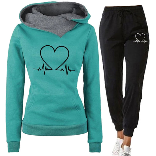 Women’s Cozy Hoodie & Jogger Set – Heartbeat Print Pullover Sweatshirt and Pants Two-Piece Set