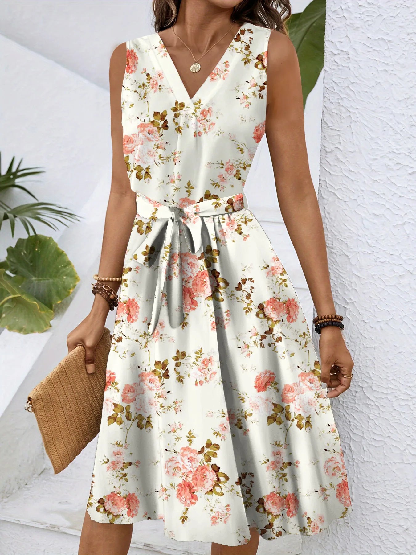 Women’s Floral V-Neck A-Line Dress – Sleeveless Lace-Up Waist Knee-Length Sundress