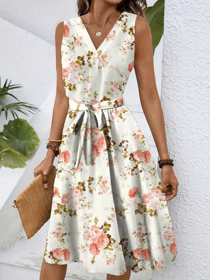 Women’s Floral V-Neck A-Line Dress – Sleeveless Lace-Up Waist Knee-Length Sundress