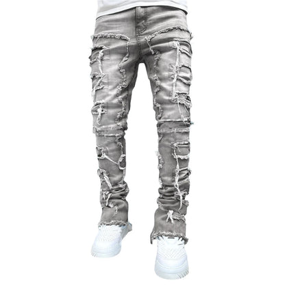 Men’s Stacked Distressed Ripped Jeans – Slim Fit Patchwork Destroyed Denim Streetwear