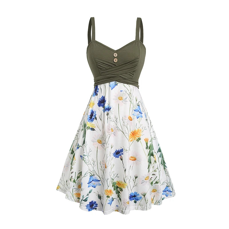 Women’s Floral V-Neck Corset Waist Dress – Sleeveless Lace-Up Cinched A-Line Midi Dress