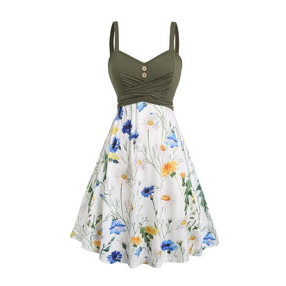 Women’s Floral V-Neck Corset Waist Dress – Sleeveless Lace-Up Cinched A-Line Midi Dress