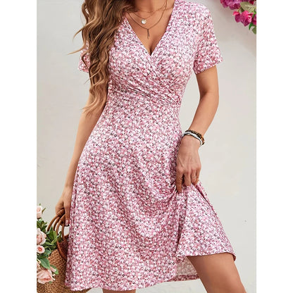 Floral A-Line Summer Dress – Short Sleeve Elegant Fit-and-Flare Midi with Waist Slimming Silhouette