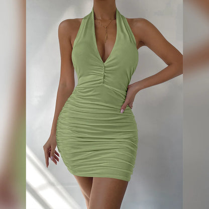 Sexy Deep V Halter, Backless Mini Dress – Backless Ruched Bodycon Club Dress