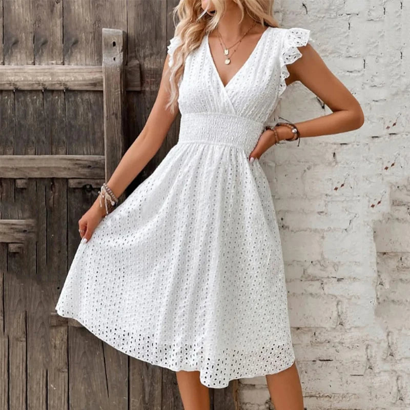 Women’s Lace Trim V-Neck Summer Dress – Flare Sleeve Hollow Detail A-Line Beach & Casual Holiday Dress