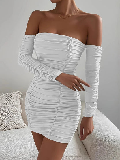 Ruched Off-Shoulder Mini Dress for Women – Long Sleeve Strapless Party & Night Dress