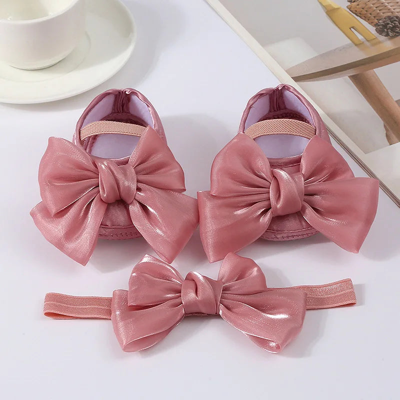 Baby Girl Baptism Mary Jane Shoes & Bow Headband Set – Soft Sole Bowknot for Newborns & Infants