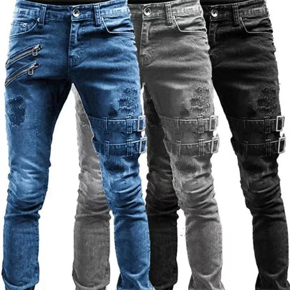 Men’s Moto Biker Cargo Jeans – Retro Streetwear Slim Fit Distressed Denim Pants