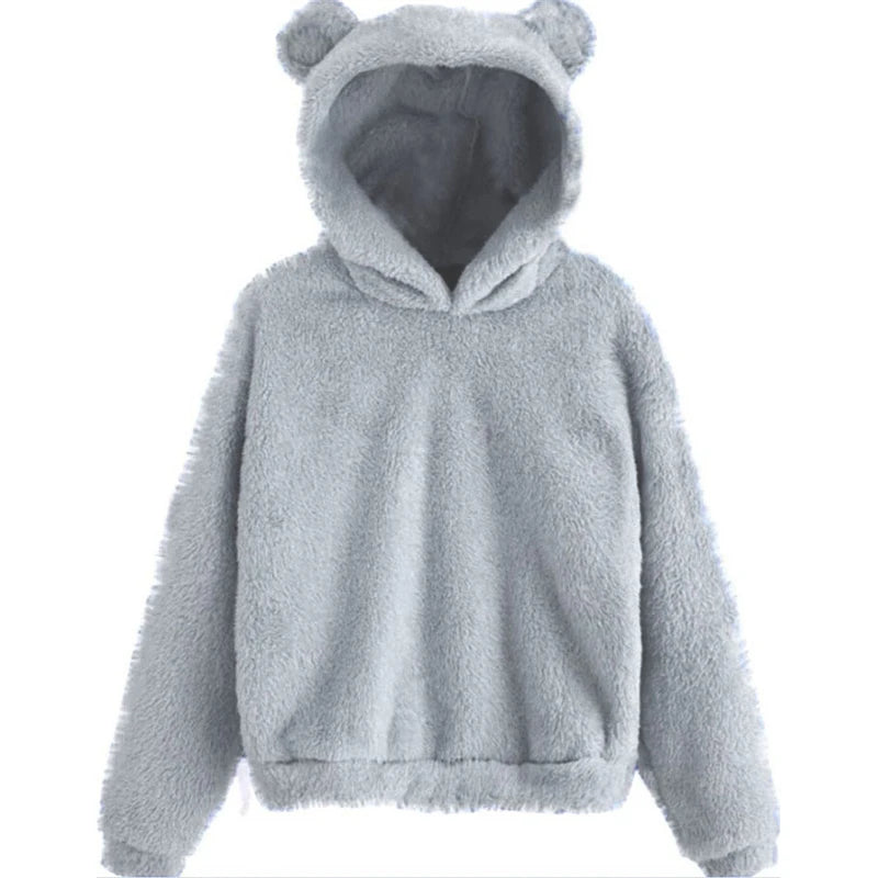 Women’s Fuzzy Bear-Ear Hoodie – Soft Plush Long Sleeve Warm Winter Pullover with Hood