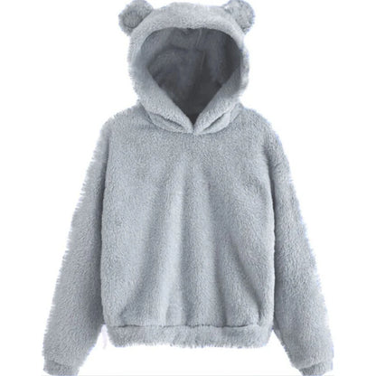 Women’s Fuzzy Bear-Ear Hoodie – Soft Plush Long Sleeve Warm Winter Pullover with Hood