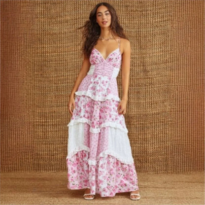 Women’s Floral Patchwork Spaghetti Strap Dress – Vintage V-Neck High-Waist Maxi Sundress