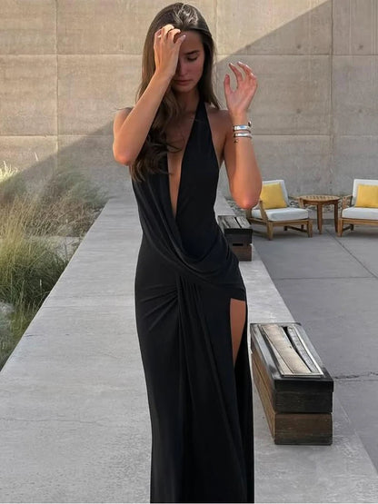 Women’s Deep V-Neck High-Slit Maxi Dress – Backless Halter Evening Gown with Ruched Draping
