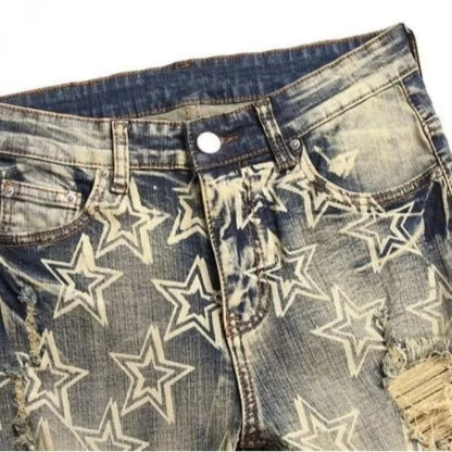 Men’s Retro Distressed Jeans – High Street Slim Fit Ripped with Star Print