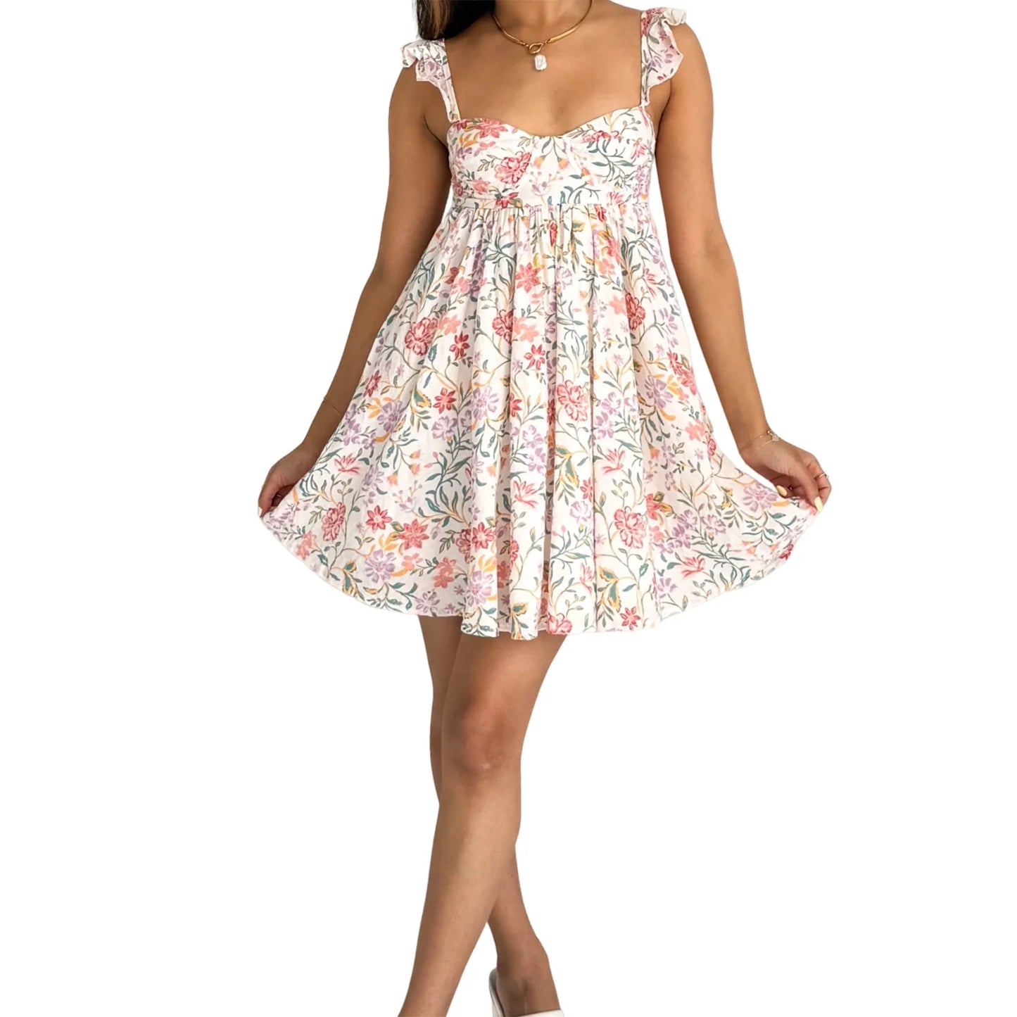 Women’s Floral Ruffle Strap Mini Dress – V-Neck Sleeveless Boho Summer A-Line Dress with Pockets