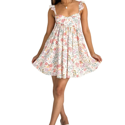Women’s Floral Ruffle Strap Mini Dress – V-Neck Sleeveless Boho Summer A-Line Dress with Pockets