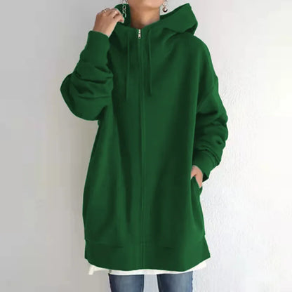 Oversized Hooded Longline Coat – Fleece-Lined Zip Up Tie-Collar Sweatshirt for Women (S–5XL)