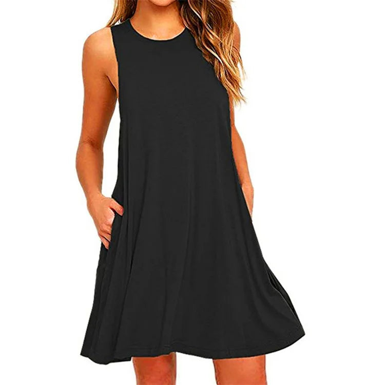 Women’s Casual Swing Pocket T-Shirt Dress – Sleeveless Summer Beach Cover Up, Loose Fit Dress