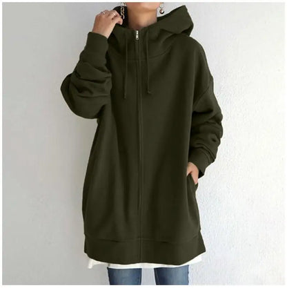 Oversized Hooded Longline Coat – Fleece-Lined Zip Up Tie-Collar Sweatshirt for Women (S–5XL)