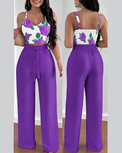 2-Piece V-Neck Crop Top & High Waist Wide-Leg Pants Set – Sexy Summer Outfit for Women