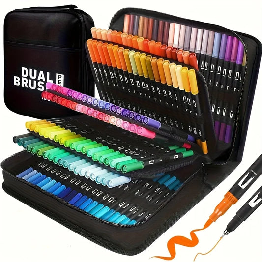 Dual Tip Watercolor Brush Marker Set with Case – Vibrant Art Pens for Drawing & Crafts