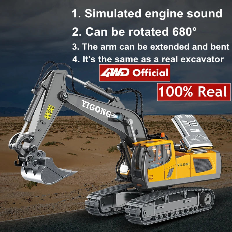 4WD RC Excavator Construction Vehicle – Rotating Alloy Digging Truck with Real Engine Sound