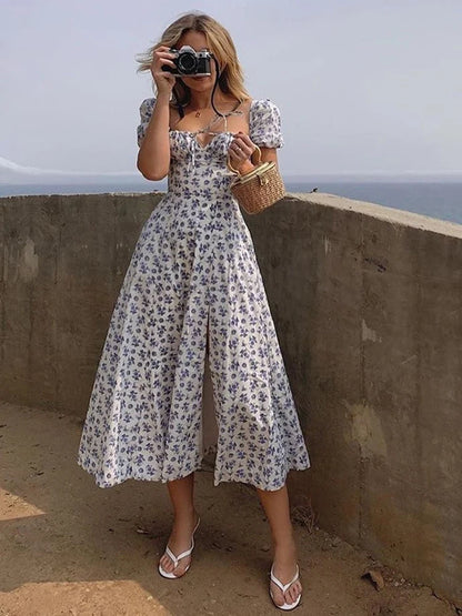 Puff Sleeve Floral Maxi Dress – Square Neck Side-Slit Summer Cottagecore Dress