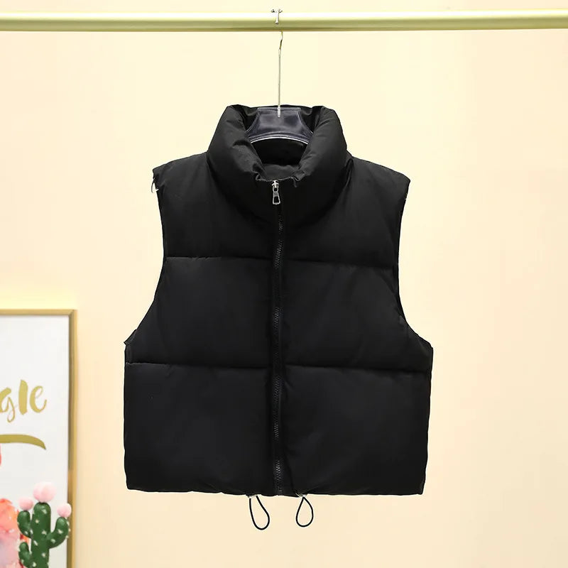 Women’s Cropped Puffer Vest – Warm Sleeveless Zip-Up Stand Collar Winter Quilted Jacket