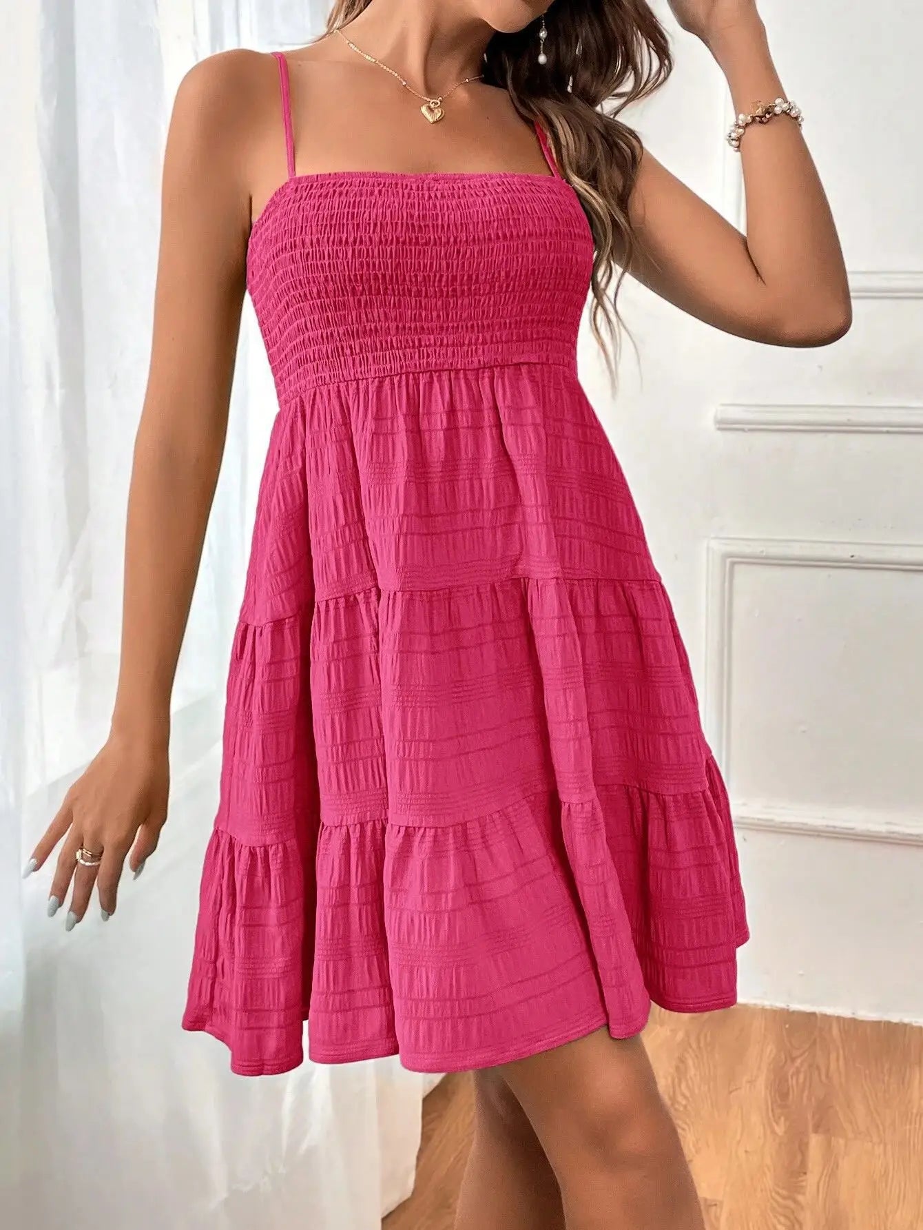 Women’s Smocked Tiered Mini Dress – This Suspender Soft A-Line Summer Sundress