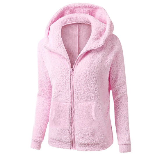 Women's Soft Plush Zip Up Hoodie - Warm Fleece Jacket with Hood & Pockets