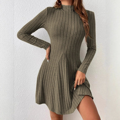 Ribbed High-Neck Long Sleeve Fit & Flare Dress – Waist-Cinched Stretch Knit Mini