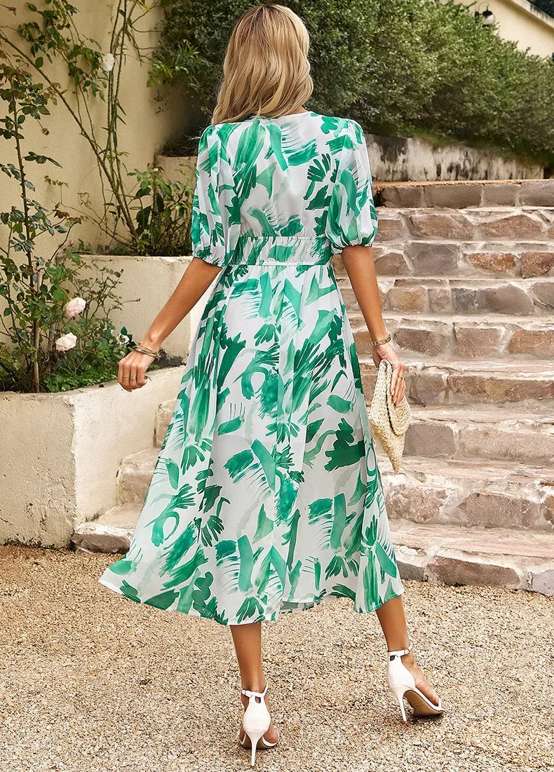 Summer V-Neck Floral Print Maxi Dress -  Lantern Sleeve