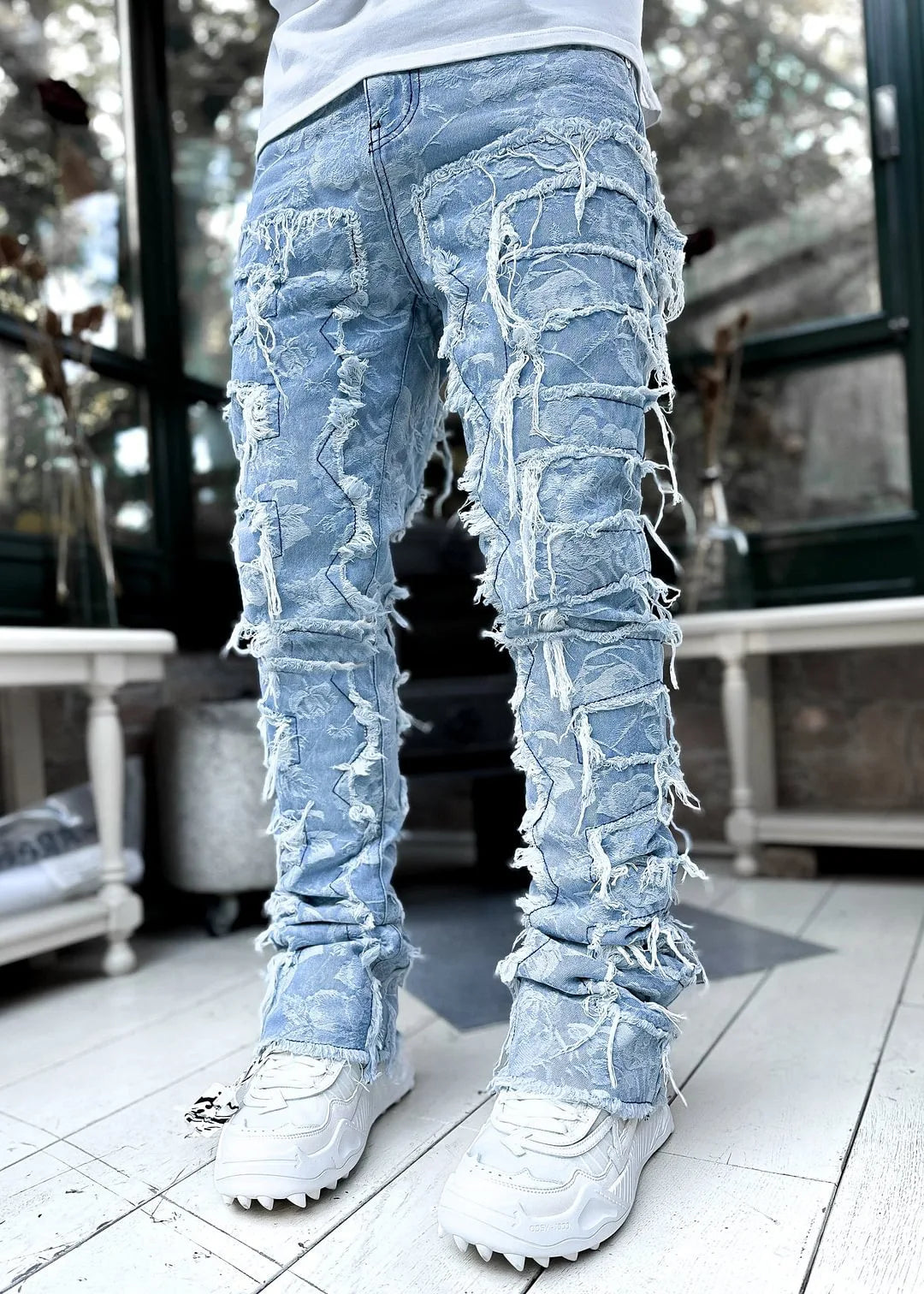 Men’s Stacked Distressed Ripped Jeans – Slim Fit Patchwork Destroyed Denim Streetwear