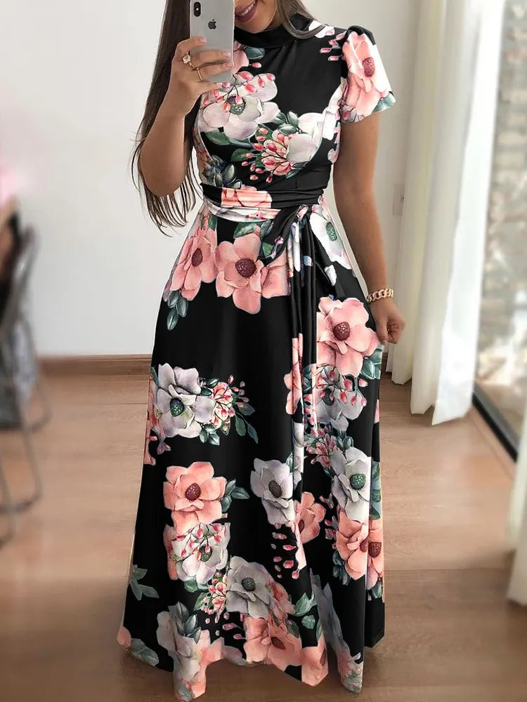 Women's Floral Long Sleeve Maxi Dress – Round Neck, Tie-Waist, Flowing Floor-Length Spring & Summer Dress