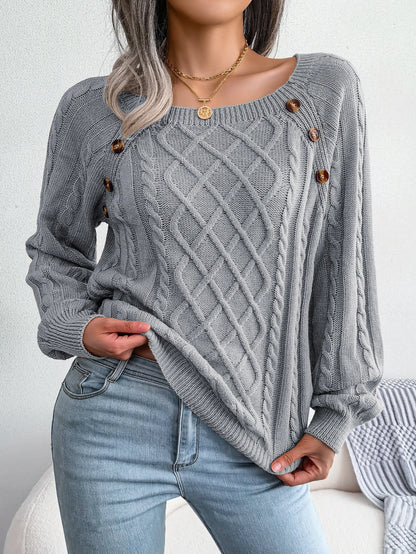 Women’s Square-Neck Button Detail Knit Sweater – Long Sleeve Textured Pullover for Fall & Winter