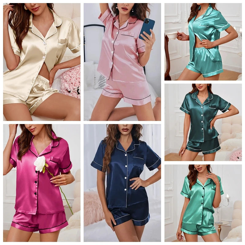 Women’s Satin Pajama Set – Short Sleeve Button Top & Matching Shorts, Soft Silk-Look Sleepwear