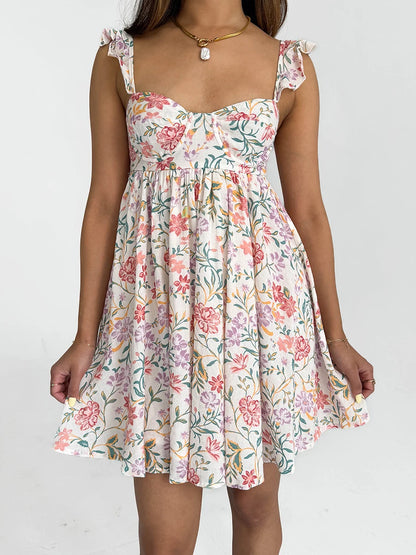 Women’s Floral Ruffle Strap Mini Dress – V-Neck Sleeveless Boho Summer A-Line Dress with Pockets